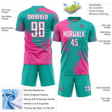 Custom Aqua White-Pink Abstract Brush Stroke Sports Sublimation Soccer Uniform Jersey