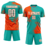 Custom Aqua White-Orange Abstract Brush Stroke Sports Sublimation Soccer Uniform Jersey