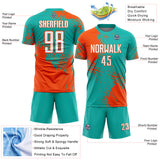 Custom Aqua White-Orange Abstract Brush Stroke Sports Sublimation Soccer Uniform Jersey