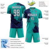 Custom Aqua White-Navy Abstract Brush Stroke Sports Sublimation Soccer Uniform Jersey