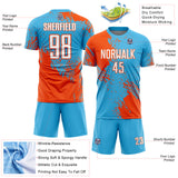 Custom Sky Blue White-Orange Abstract Brush Stroke Sports Sublimation Soccer Uniform Jersey