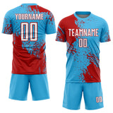Custom Sky Blue White-Red Abstract Brush Stroke Sports Sublimation Soccer Uniform Jersey