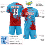 Custom Sky Blue White-Red Abstract Brush Stroke Sports Sublimation Soccer Uniform Jersey