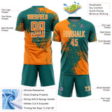 Custom Teal Bay Orange-White Abstract Brush Stroke Sports Sublimation Soccer Uniform Jersey