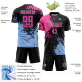 Custom Black Pink-Light Blue Abstract Brush Stroke Sports Sublimation Soccer Uniform Jersey