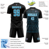 Custom Black Sky Blue-White Abstract Scribble Curve Line Pattern Sports Sublimation Soccer Uniform Jersey