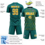 Custom Teal Gold-White Abstract Scribble Curve Line Pattern Sports Sublimation Soccer Uniform Jersey