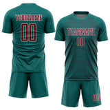 Custom Teal Crimson-White Abstract Scribble Curve Line Pattern Sports Sublimation Soccer Uniform Jersey