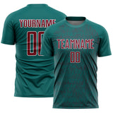 Custom Teal Crimson-White Abstract Scribble Curve Line Pattern Sports Sublimation Soccer Uniform Jersey