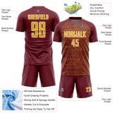 Custom Burgundy Gold-White Abstract Scribble Curve Line Pattern Sports Sublimation Soccer Uniform Jersey