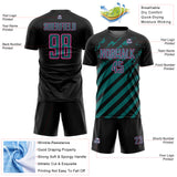 Custom Black Teal-Pink Distressed Diagonal Stripe Pattern Sports Sublimation Soccer Uniform Jersey