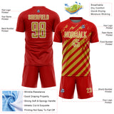 Custom Red Old Gold-White Distressed Diagonal Stripe Pattern Sports Sublimation Soccer Uniform Jersey