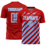 Custom Red Light Blue-White Distressed Diagonal Stripe Pattern Sports Sublimation Soccer Uniform Jersey