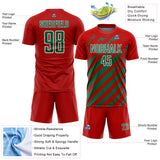 Custom Red Kelly Green-White Distressed Diagonal Stripe Pattern Sports Sublimation Soccer Uniform Jersey