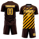 Custom Brown Gold-White Distressed Diagonal Stripe Pattern Sports Sublimation Soccer Uniform Jersey