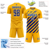 Custom Gold Royal-White Distressed Diagonal Stripe Pattern Sports Sublimation Soccer Uniform Jersey