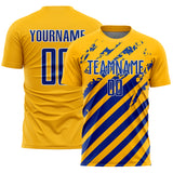 Custom Gold Royal-White Distressed Diagonal Stripe Pattern Sports Sublimation Soccer Uniform Jersey