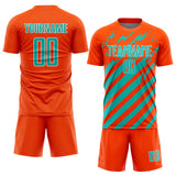 Custom Orange Aqua-White Distressed Diagonal Stripe Pattern Sports Sublimation Soccer Uniform Jersey