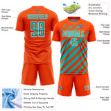 Custom Orange Aqua-White Distressed Diagonal Stripe Pattern Sports Sublimation Soccer Uniform Jersey