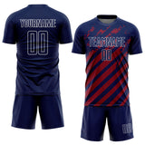 Custom Navy White-Red Distressed Diagonal Stripe Pattern Sports Sublimation Soccer Uniform Jersey