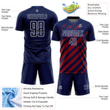 Custom Navy White-Red Distressed Diagonal Stripe Pattern Sports Sublimation Soccer Uniform Jersey