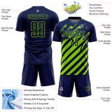Custom Navy Neon Green Distressed Diagonal Stripe Pattern Sports Sublimation Soccer Uniform Jersey