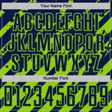 Custom Navy Neon Green Distressed Diagonal Stripe Pattern Sports Sublimation Soccer Uniform Jersey
