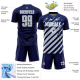 Custom Navy Silver-White Distressed Diagonal Stripe Pattern Sports Sublimation Soccer Uniform Jersey