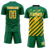 Custom Kelly Green Gold-White Distressed Diagonal Stripe Pattern Sports Sublimation Soccer Uniform Jersey