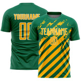Custom Kelly Green Gold-White Distressed Diagonal Stripe Pattern Sports Sublimation Soccer Uniform Jersey