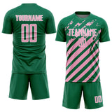 Custom Kelly Green Light Pink-White Distressed Diagonal Stripe Pattern Sports Sublimation Soccer Uniform Jersey