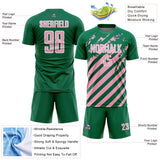Custom Kelly Green Light Pink-White Distressed Diagonal Stripe Pattern Sports Sublimation Soccer Uniform Jersey