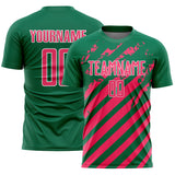 Custom Kelly Green Neon Pink-White Distressed Diagonal Stripe Pattern Sports Sublimation Soccer Uniform Jersey