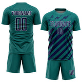 Custom Teal Navy-White Distressed Diagonal Stripe Pattern Sports Sublimation Soccer Uniform Jersey