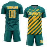 Custom Teal Gold-White Distressed Diagonal Stripe Pattern Sports Sublimation Soccer Uniform Jersey