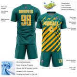 Custom Teal Gold-White Distressed Diagonal Stripe Pattern Sports Sublimation Soccer Uniform Jersey