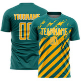 Custom Teal Gold-White Distressed Diagonal Stripe Pattern Sports Sublimation Soccer Uniform Jersey