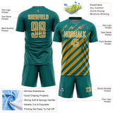 Custom Teal Old Gold-White Distressed Diagonal Stripe Pattern Sports Sublimation Soccer Uniform Jersey