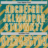 Custom Teal Old Gold-White Distressed Diagonal Stripe Pattern Sports Sublimation Soccer Uniform Jersey