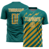 Custom Teal Old Gold-White Distressed Diagonal Stripe Pattern Sports Sublimation Soccer Uniform Jersey