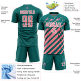 Custom Teal Medium Pink-White Distressed Diagonal Stripe Pattern Sports Sublimation Soccer Uniform Jersey