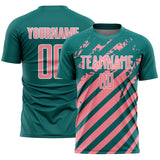 Custom Teal Medium Pink-White Distressed Diagonal Stripe Pattern Sports Sublimation Soccer Uniform Jersey