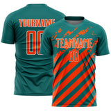 Custom Teal Orange-White Distressed Diagonal Stripe Pattern Sports Sublimation Soccer Uniform Jersey