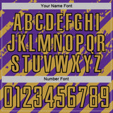 Custom Purple Old Gold-Black Distressed Diagonal Stripe Pattern Sports Sublimation Soccer Uniform Jersey
