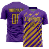 Custom Purple Old Gold-Black Distressed Diagonal Stripe Pattern Sports Sublimation Soccer Uniform Jersey