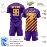 Custom Purple Gold-White Distressed Diagonal Stripe Pattern Sports Sublimation Soccer Uniform Jersey