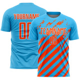 Custom Sky Blue Orange-White Distressed Diagonal Stripe Pattern Sports Sublimation Soccer Uniform Jersey
