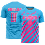 Custom Sky Blue Pink-White Distressed Diagonal Stripe Pattern Sports Sublimation Soccer Uniform Jersey