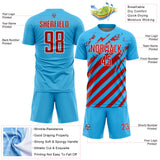 Custom Sky Blue Red-White Distressed Diagonal Stripe Pattern Sports Sublimation Soccer Uniform Jersey