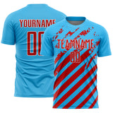 Custom Sky Blue Red-White Distressed Diagonal Stripe Pattern Sports Sublimation Soccer Uniform Jersey